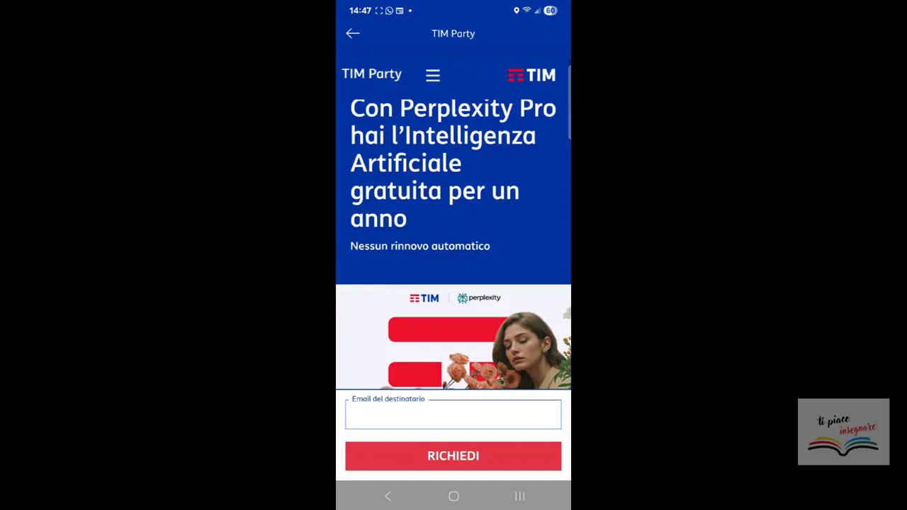 Invito TIM Perplexity Pro - campo email e pulsante richiedi