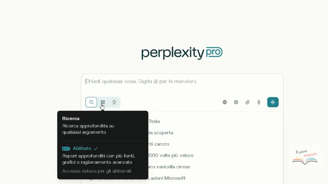 Pagina web Perplexity Pro: barra di ricerca con tooltip nero che descrive la funzione Ricerca (Pro abilitato)