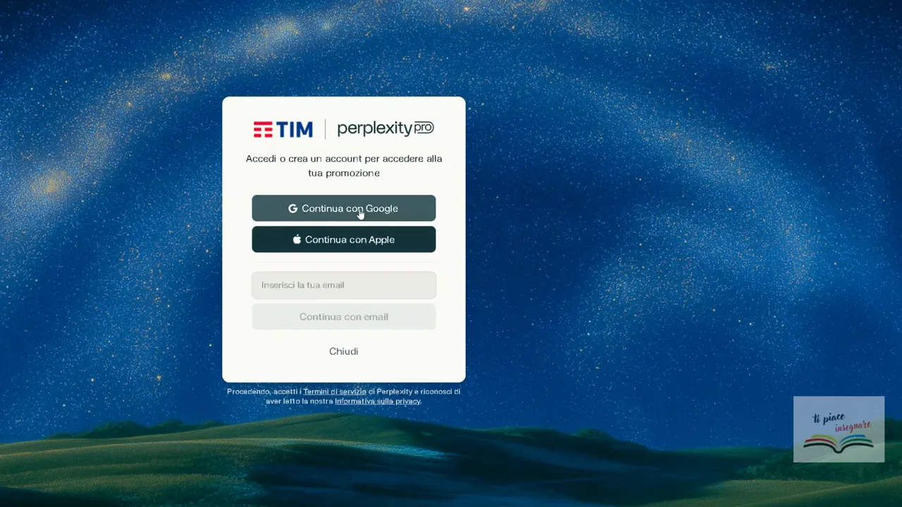 schermata accesso Perplexity con opzioni continua con google e continua con apple