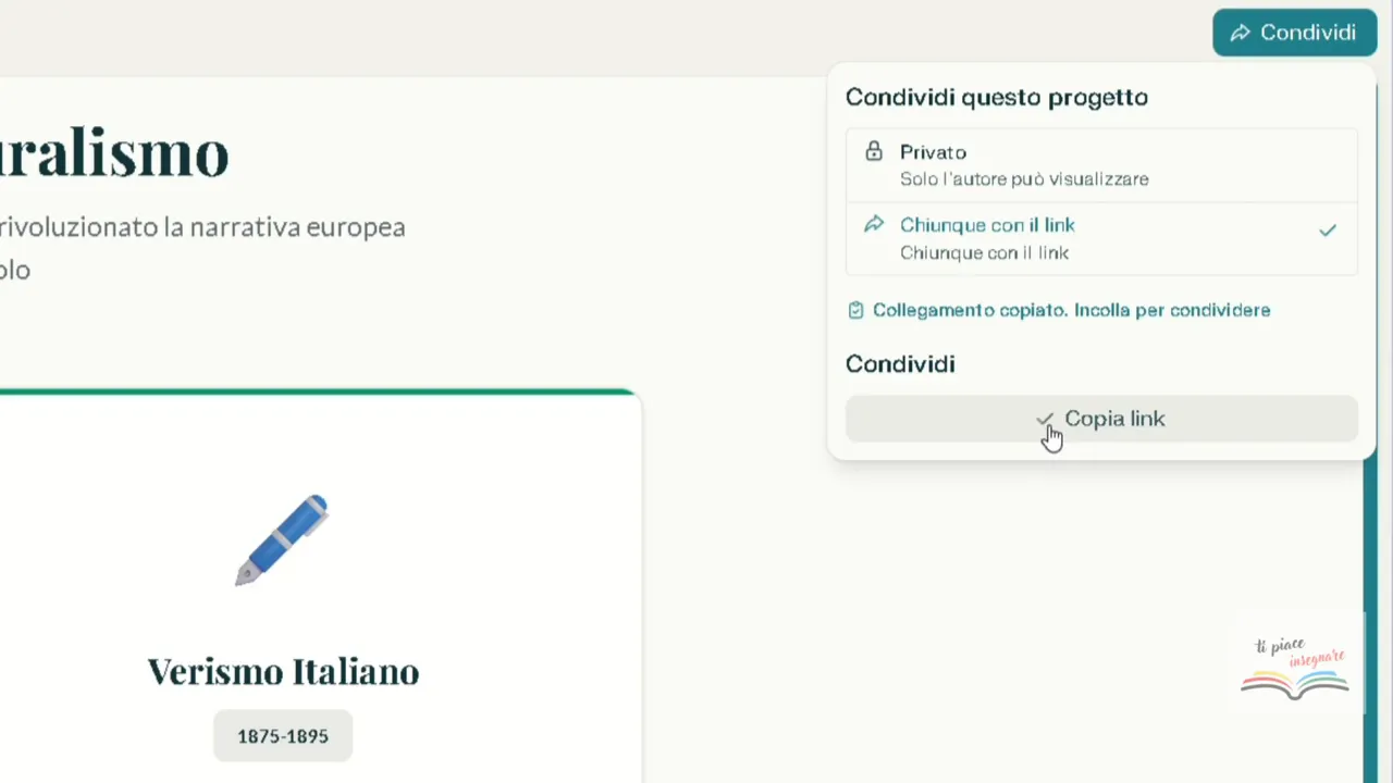 Pulsante 'Copia link' nel pannello di condivisione di un progetto didattico, con cursore sopra il pulsante.
