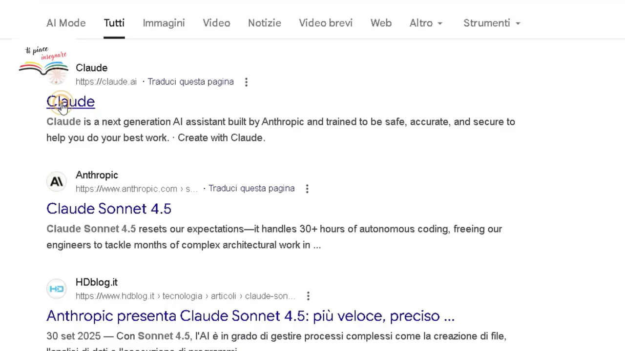 Pagina dei risultati di Google che mostra il sito Claude e link su Claude Sonnet 4.5