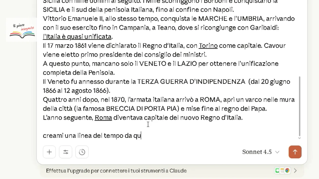 Screenshot chiaro della chat Claude con il testo storico e il comando completo 'creami una linea del tempo da qu', evidenziando l'input pronto per l'esecuzione