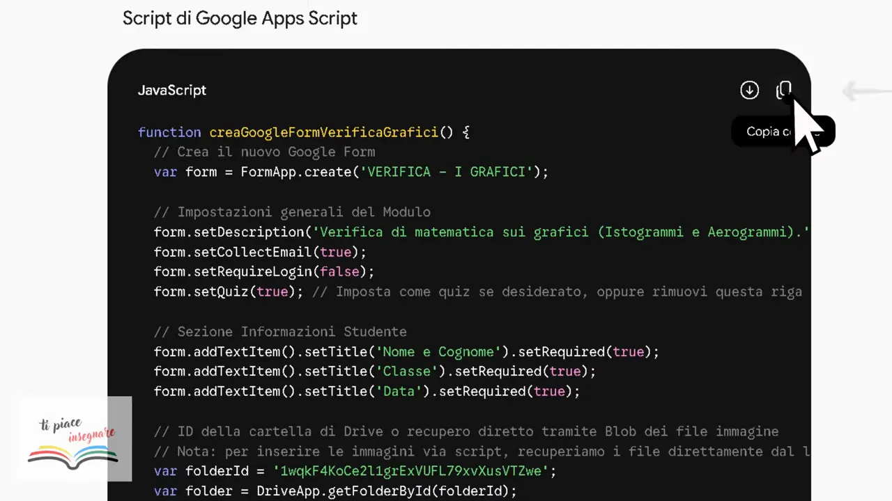 Blocco di codice Google Apps Script generato da Gemini con il comando per copiare il codice