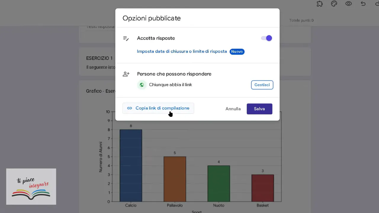 Finestra delle opzioni di pubblicazione del modulo con il comando Copia link di compilazione e il pulsante Salva