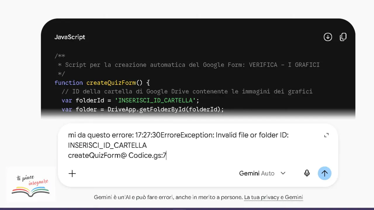 Chat di Gemini con un messaggio che riporta l'errore di Apps Script relativo a un identificativo non valido