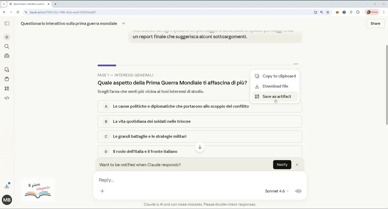 Schermata del questionario interattivo sulla Prima Guerra Mondiale con menu per copia, download e salvataggio come artefatto
