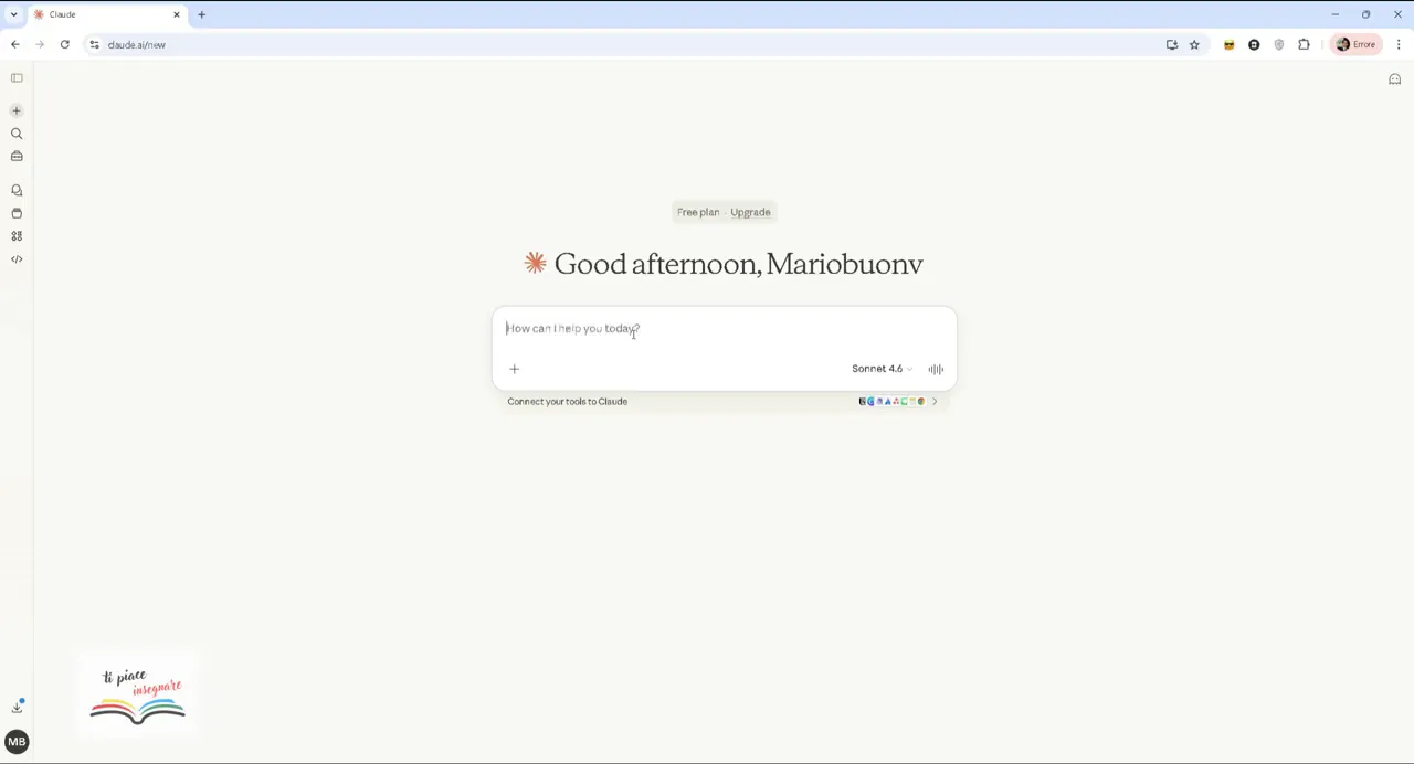 Schermata di Claude con prompt iniziale “How can I help you today?” pronto per la prima domanda
