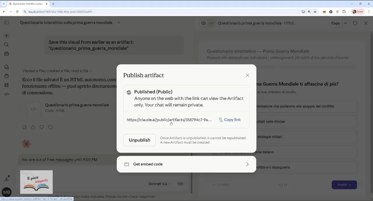 Pubblicazione del questionario sulla Prima Guerra Mondiale e copia del link pubblico