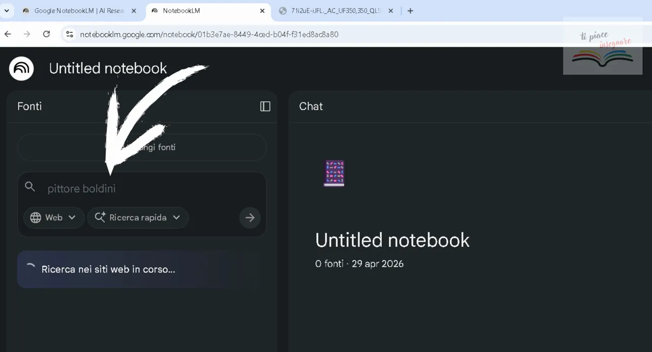 NotebookLM - ricerca “pittore boldini” nella sezione Fonti e anteprima del notebook