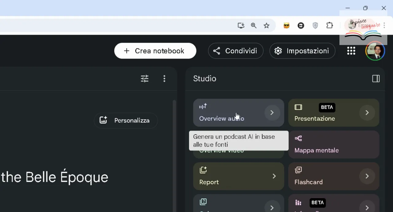 Schermata di NotebookLM nella sezione Studio con il menu “Overview audio” pronto per generare un podcast