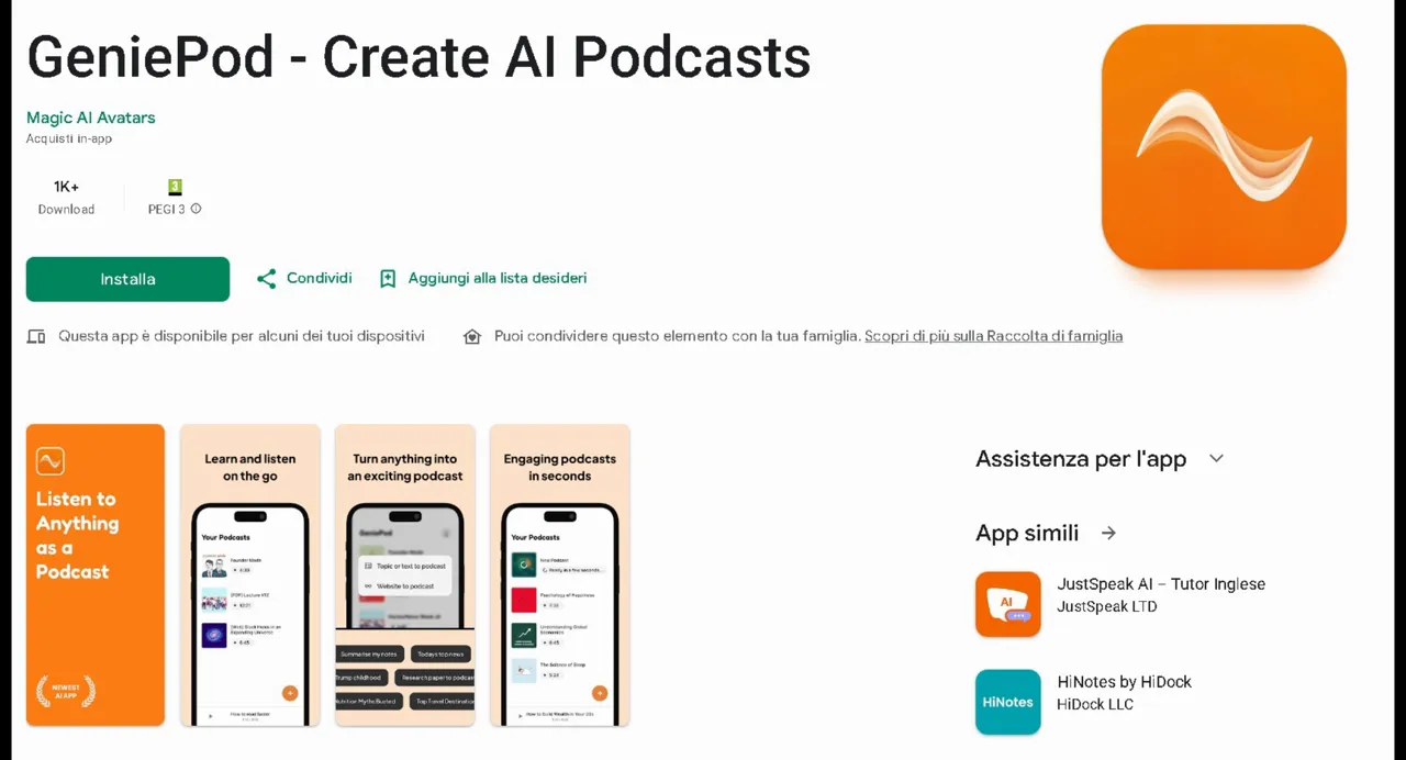 Schermata Play Store di GeniePod Create AI Podcasts con pulsante Installa e logo dell’app