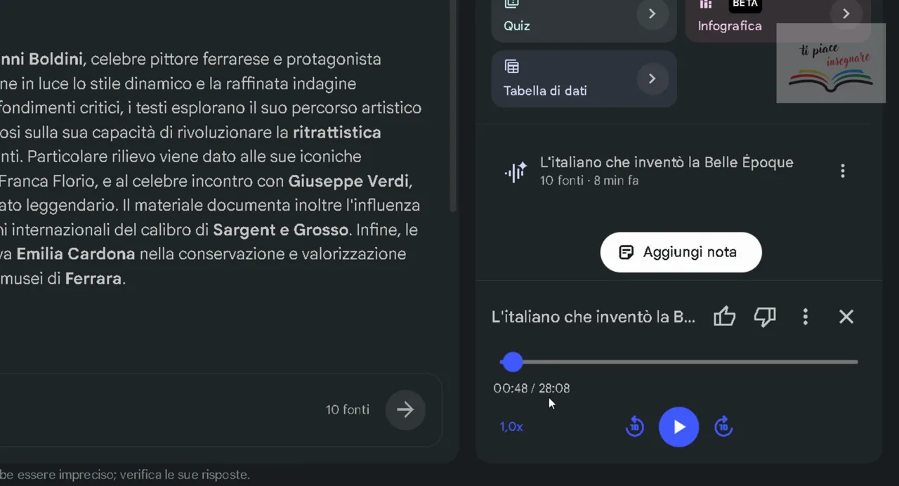 Barra di riproduzione audio in NotebookLM durante la generazione del podcast
