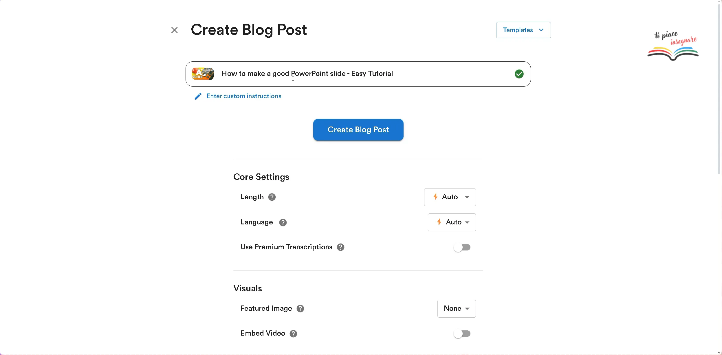 Inserimento del link del video e scelta delle opzioni base