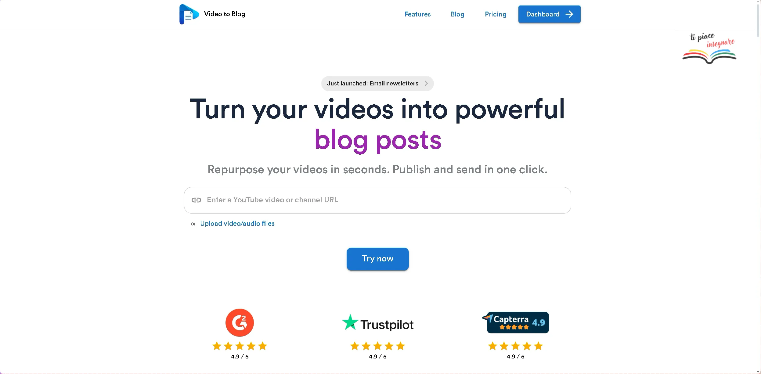 Schermata iniziale che spiega cosa è VideoTo Blog