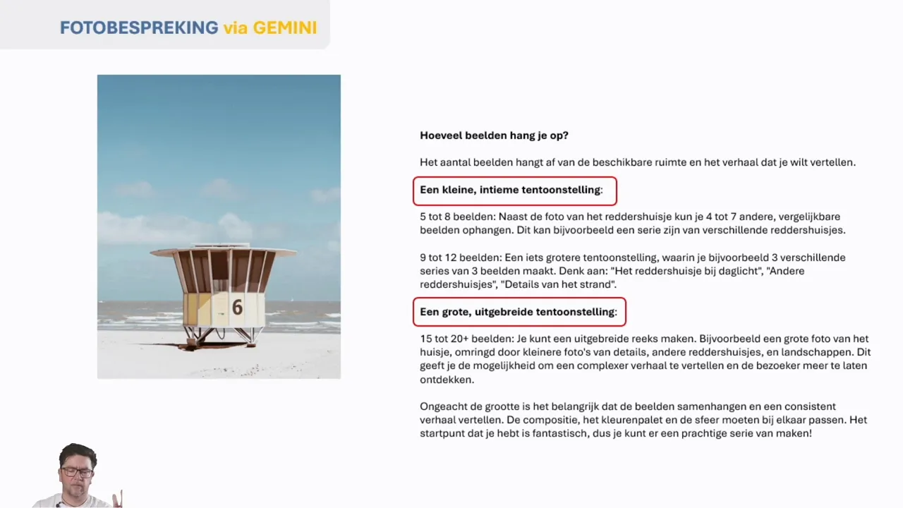 Screenshot van Gemini met de sectie ‘Hoeveel beelden hang je op?’ en voorbeelden voor kleine, grote en uitgebreide tentoonstellingen
