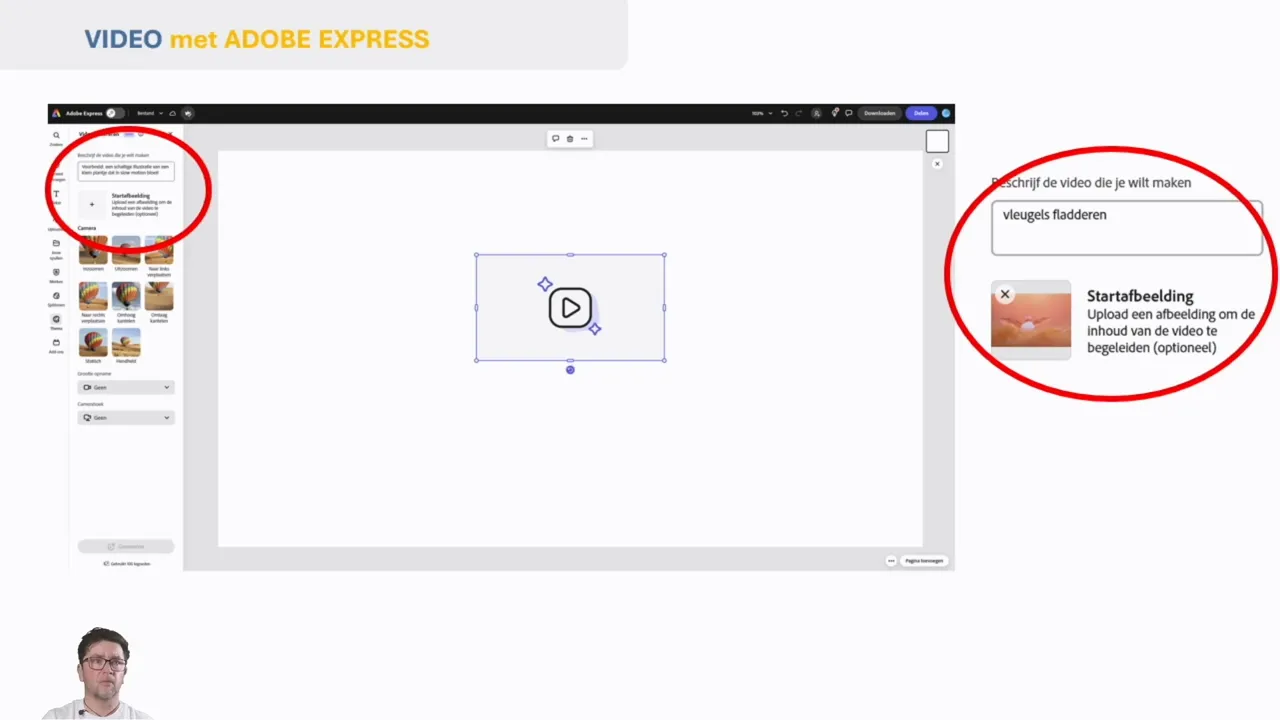 Adobe Express video-editor met opdrachttekst ‘vleugels fladderen’ om generatieve animatie te maken