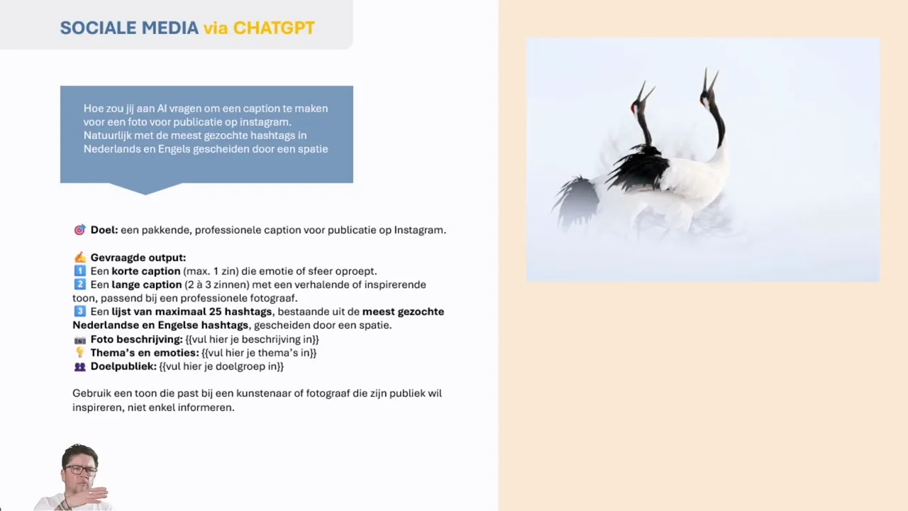 Schermafbeelding van “Sociale media via ChatGPT” met stappen voor doel, output en doelgroep bij Instagram captions