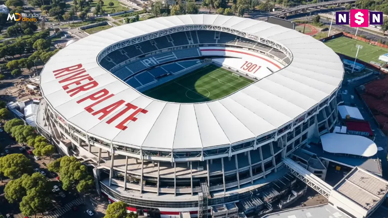 Render a�reo del Monumental con cubierta blanca perimetral y la inscripci�n River Plate