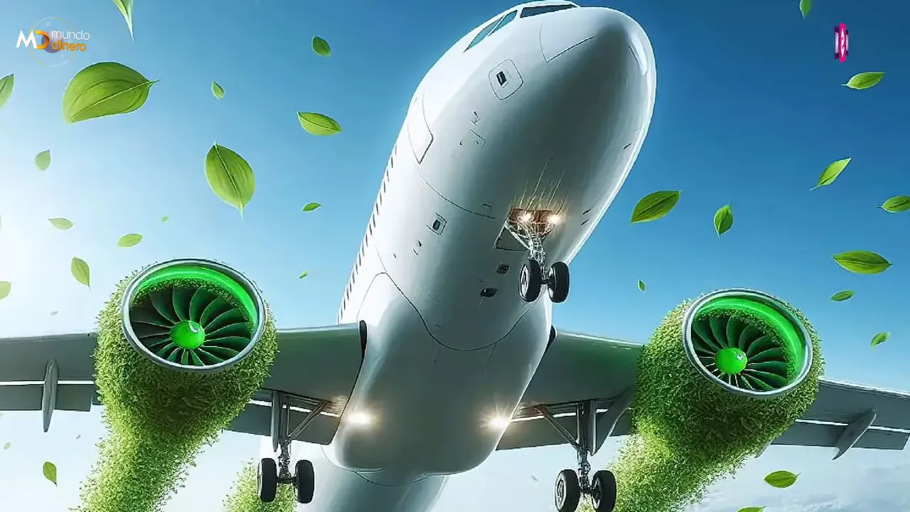 Avi�n con motores verdes y hojas flotando alrededor