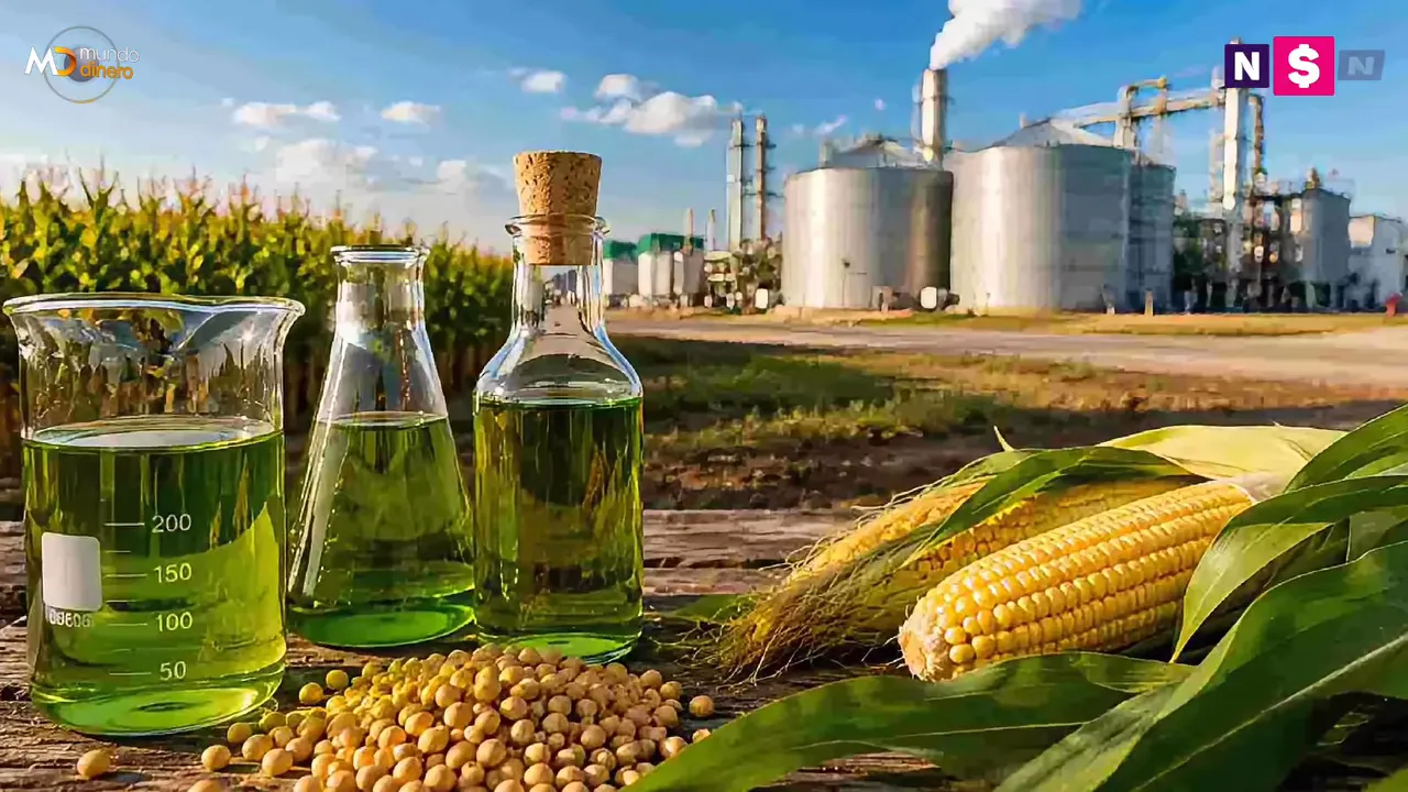 Frascos con biocombustible junto a granos de soja, ma�z y una planta industrial