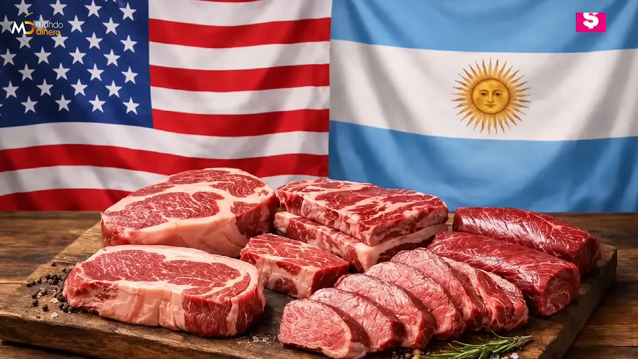 Cortes de carne vacuna frente a banderas de Argentina y Estados Unidos
