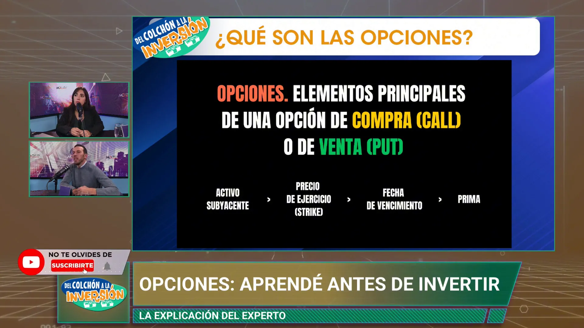 Detalle en pantalla: call y put, precio de ejercicio y vencimiento
