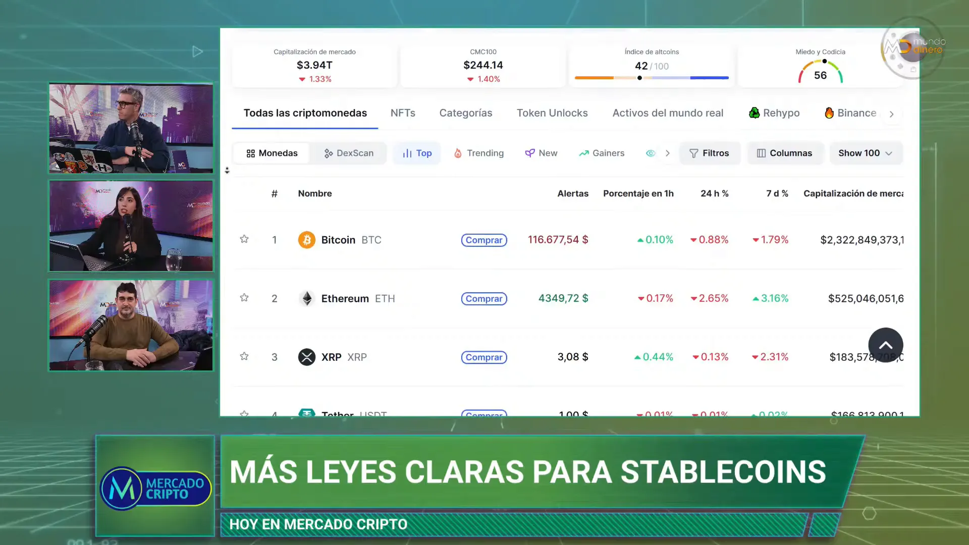 Pantalla mostrando cotizaciones principales: Bitcoin, Ethereum, XRP y stablecoins