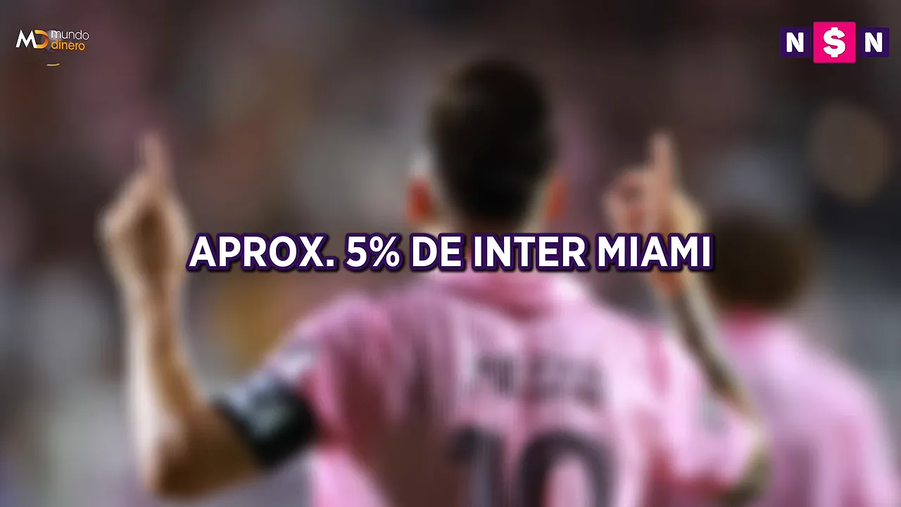 Texto que dice aproximadamente 5 % de Inter Miami sobre una imagen desenfocada de Messi con camiseta rosa