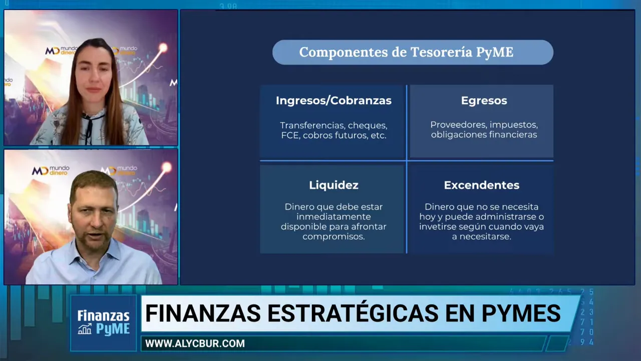 Diagrama titulado Componentes de Tesorer�a PyME con ingresos y cobranzas, egresos, liquidez y excedentes