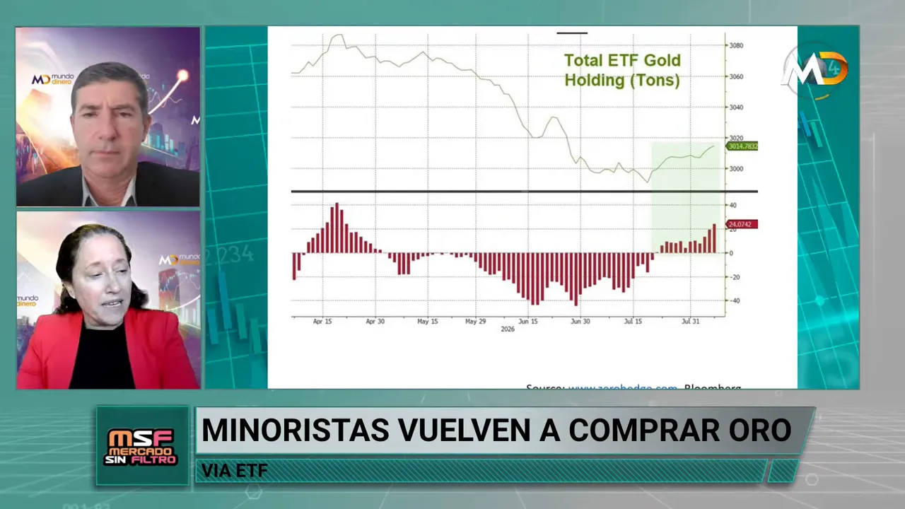 Gr�fico de barras rojas y verdes sobre flujos de ETF de oro