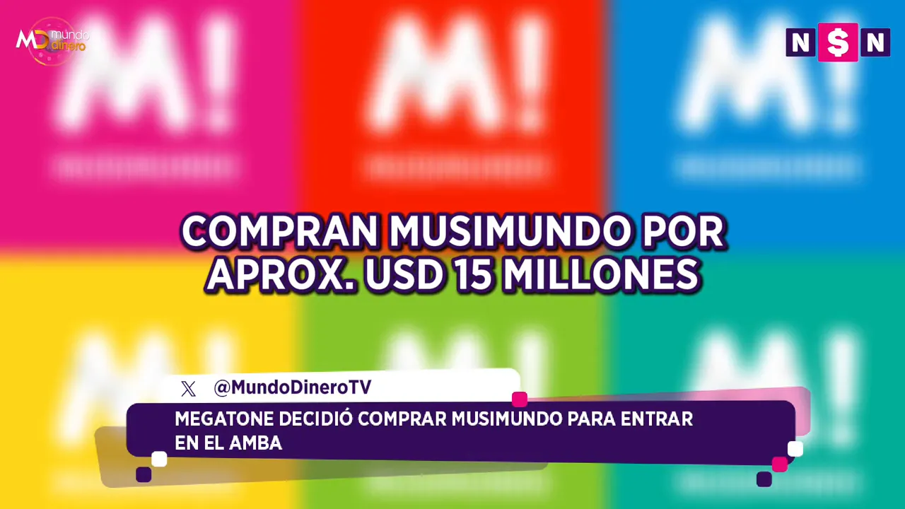 Placa con logos de Musimundo y el texto de compra por aproximadamente USD 15 millones