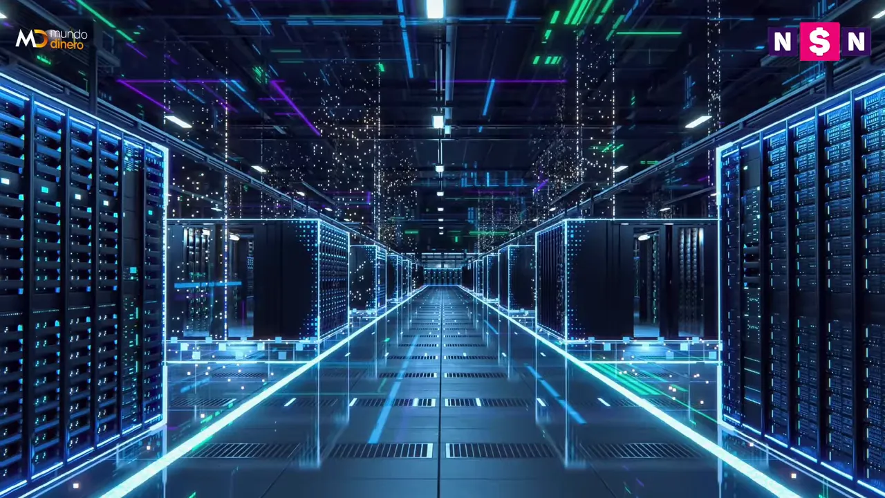 Pasillo de centro de datos con filas de servidores iluminados