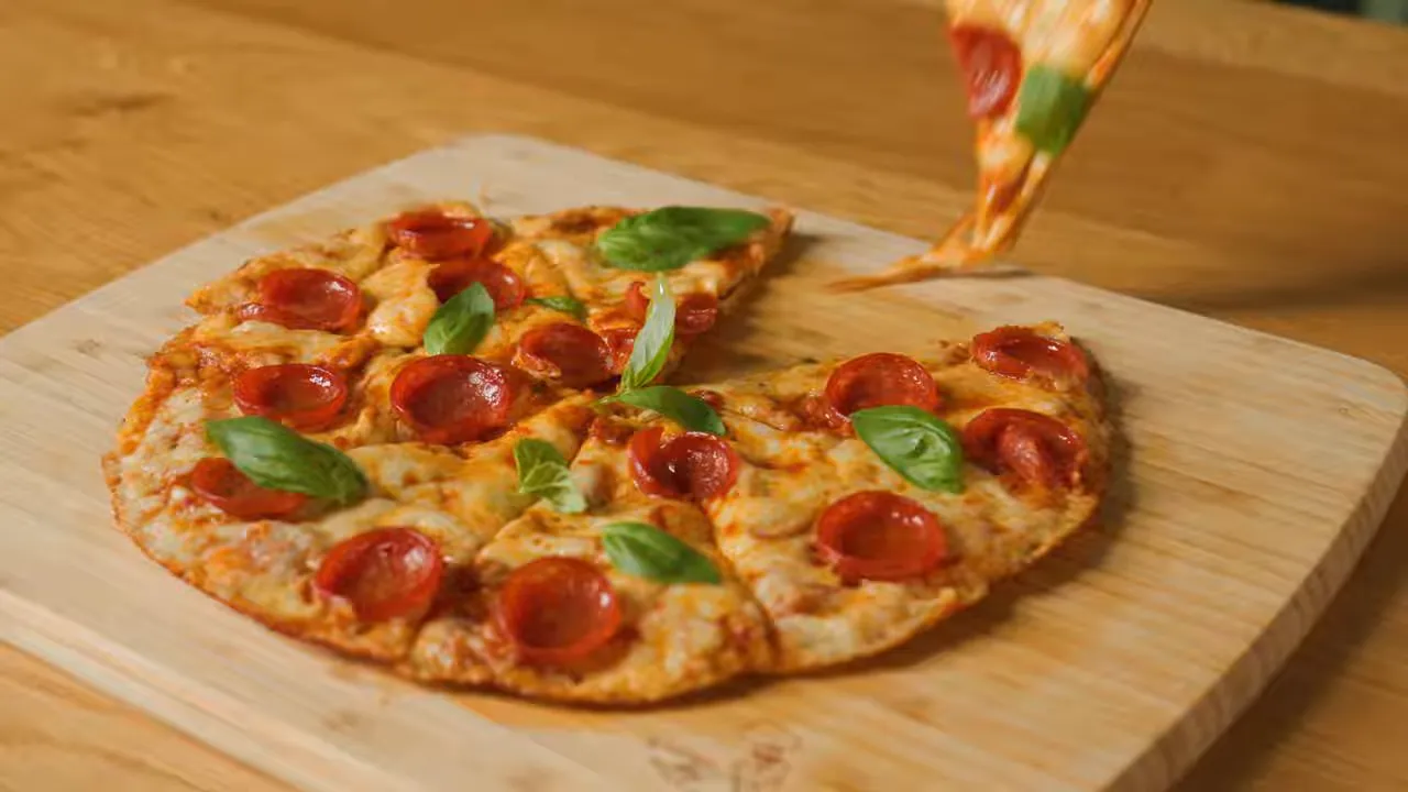 Pepperoni pizza slice being lifted from a wooden board with basil leaves