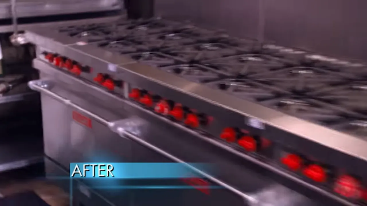 Reveal of the fully refurbished kitchen with shiny stoves and new appliances