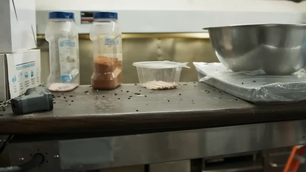 Cluttered prep counter with scattered food debris, unlabeled containers and a mixing bowl
