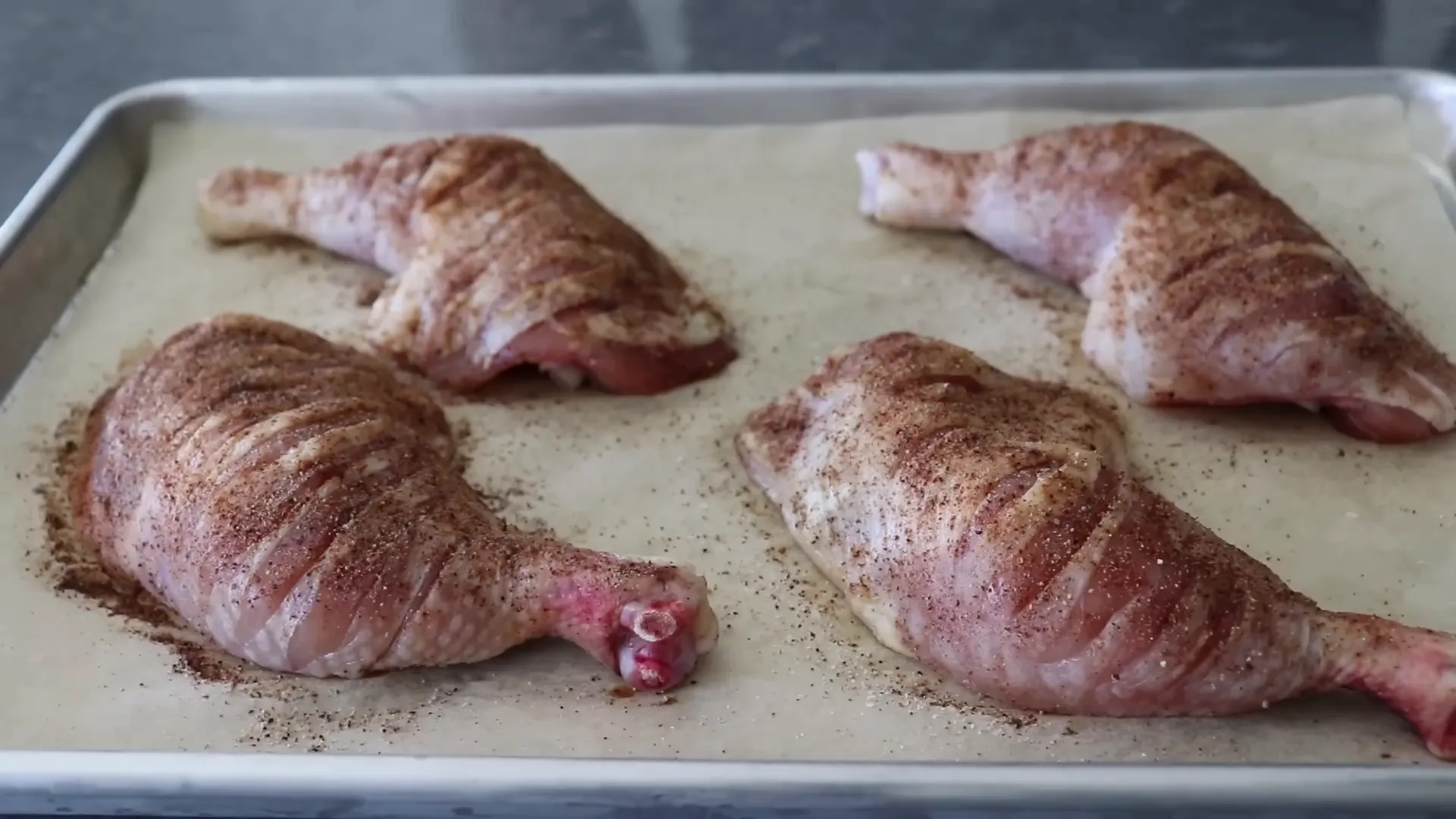 Chicken legs after drying overnight in the fridge