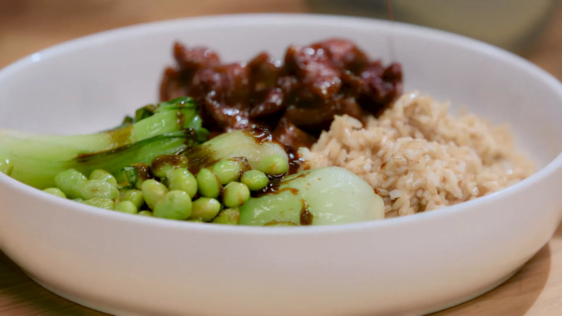 Teriyaki chicken with stir-fried bok choy and edamame dinner