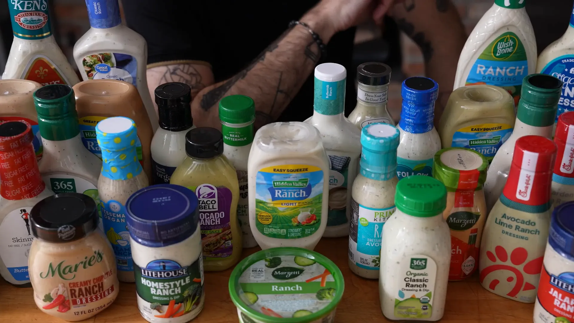 Bottles of ranch dressing lined up for taste test