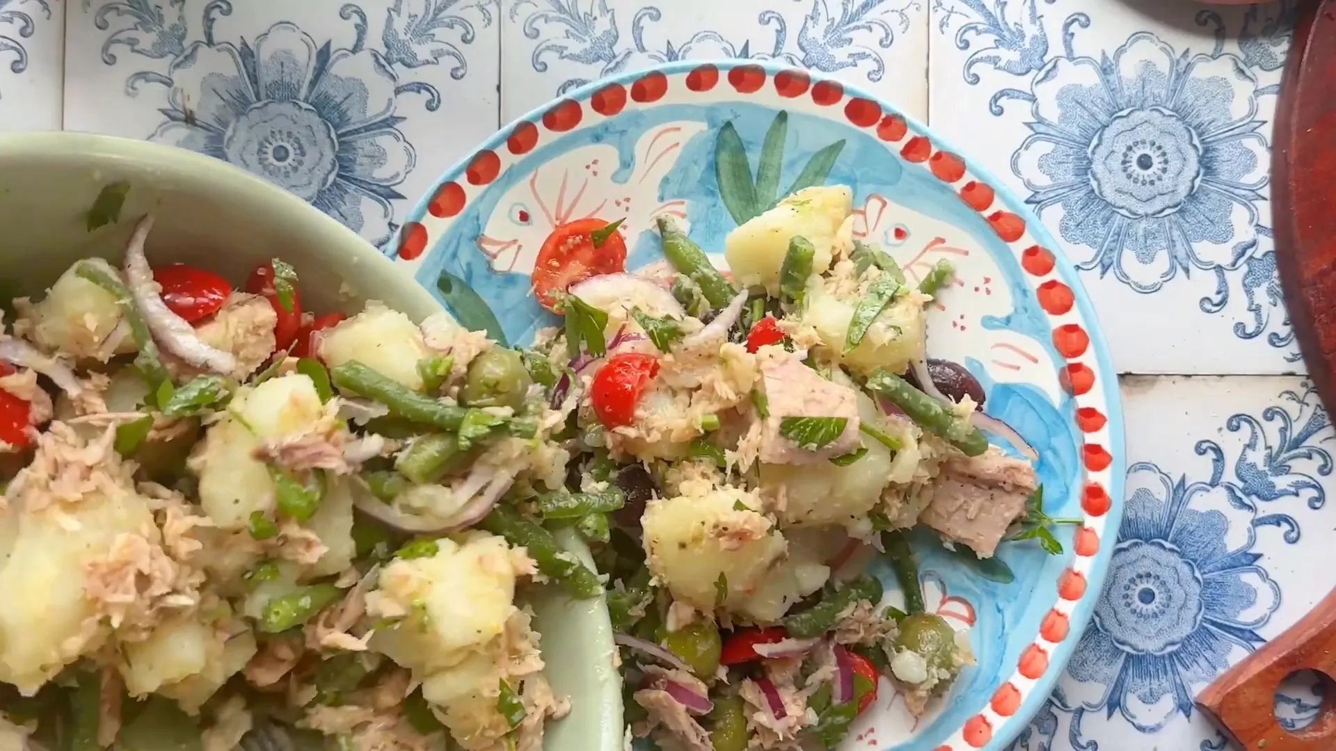 Finished tuna and potato salad tossed and ready to serve