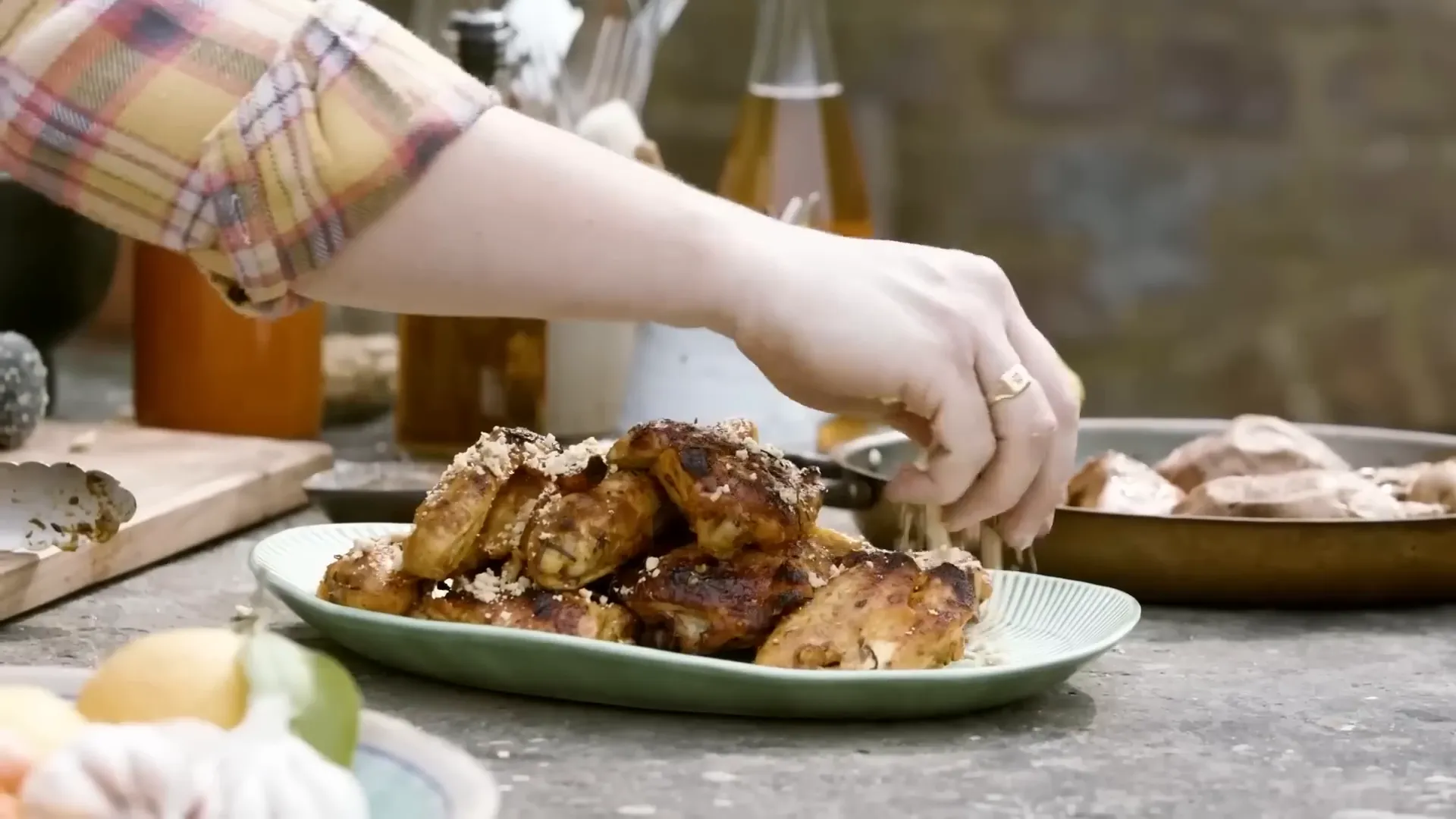 Sweet potatoes and peanut crunch topping on chicken wings