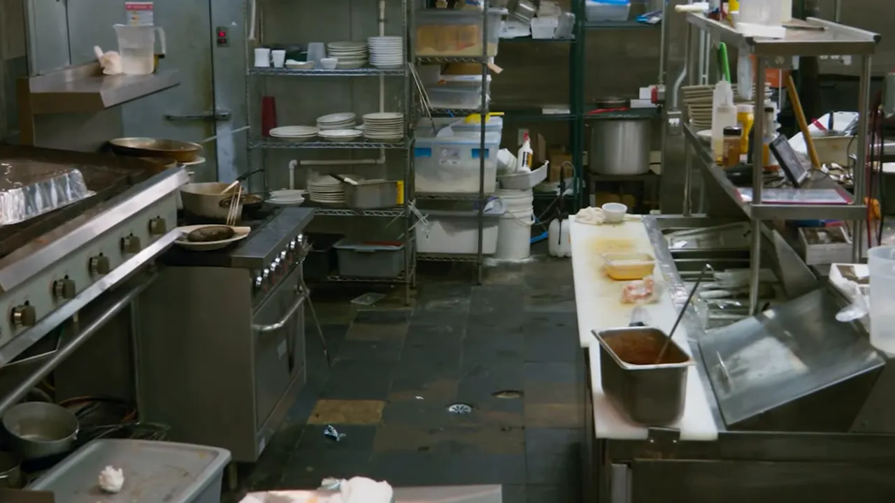 messy restaurant kitchen with dirty floor, cluttered prep stations and shelving