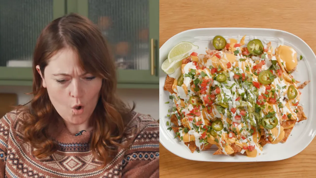 Split view with a host reacting on the left and a close-up of finished chicken nachos topped with cheese, guacamole, crema, pico and jalapenos on the right