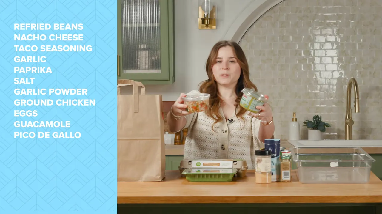 kitchen counter showing eggs, guacamole, pico de gallo, spices and a presenter with an ingredient overlay