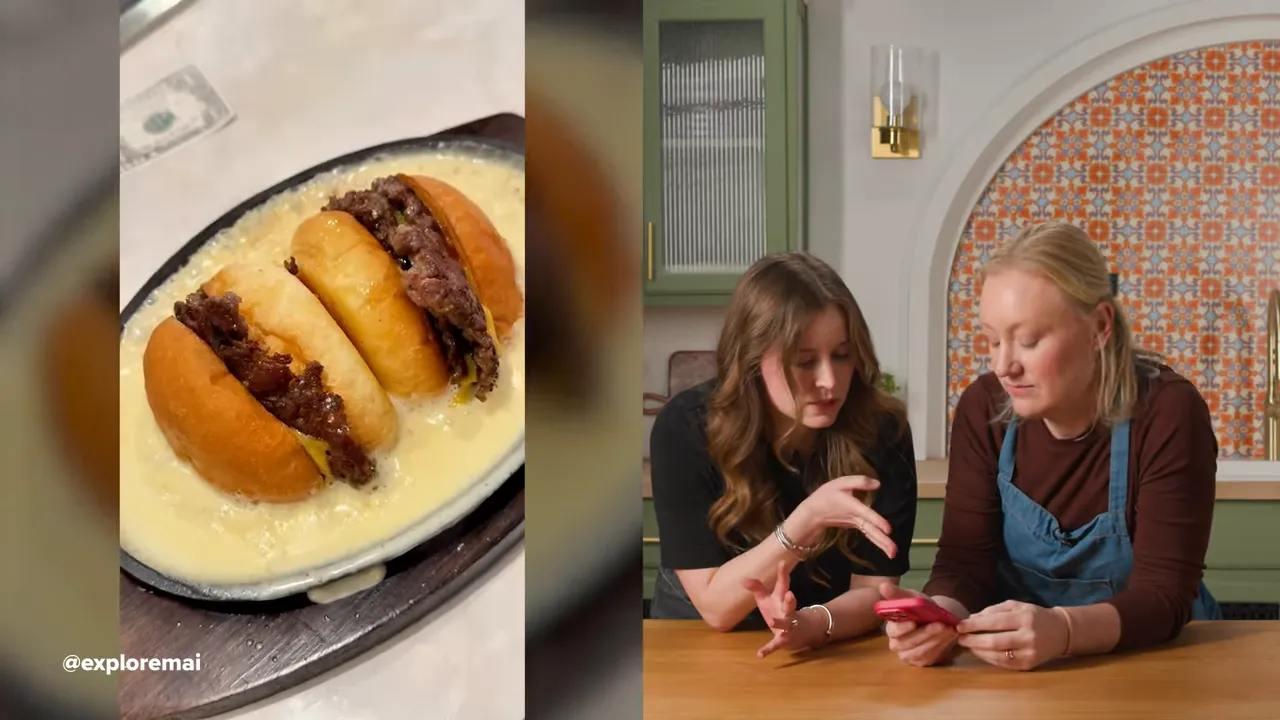 Three small smash-style burgers in brioche buns sitting in a hot skillet of bubbling white cheese