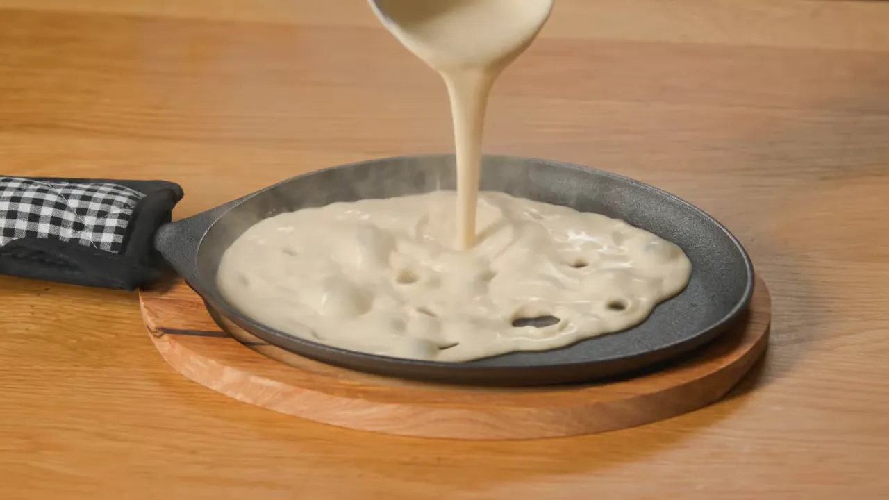 Ladle pouring bubbling white cheese sauce into a hot cast-iron serving pan.