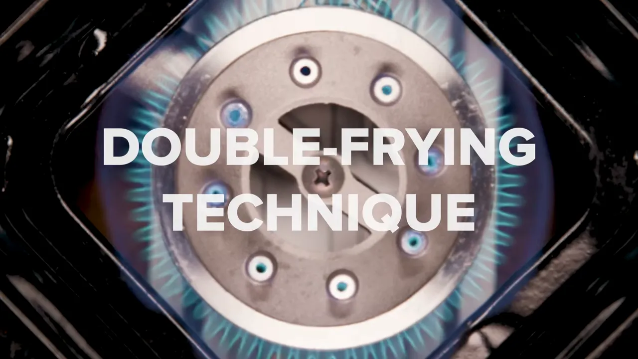 Gas burner flame with the words 'DOUBLE-FRYING TECHNIQUE' overlaid