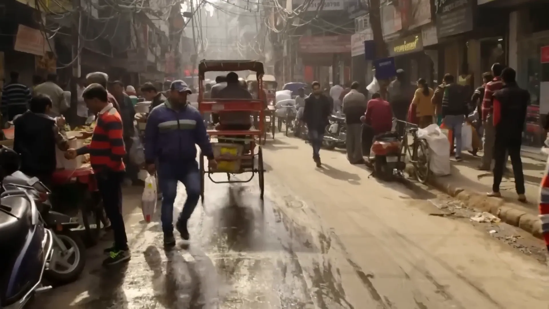 Busy Indian street with cows, monkeys, and vibrant chaos