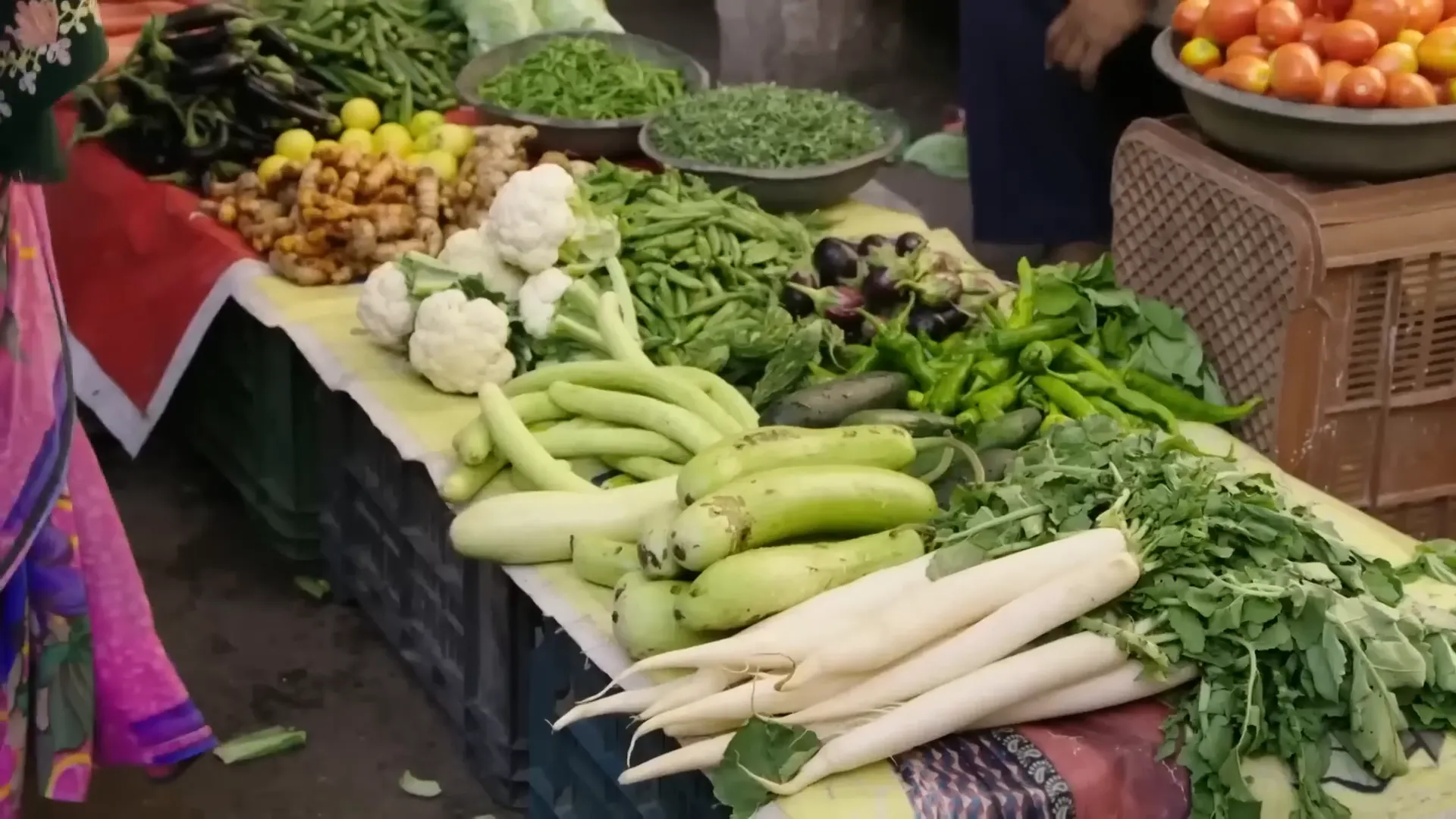 Fresh turmeric root and vibrant vegetables in Jodhpur market