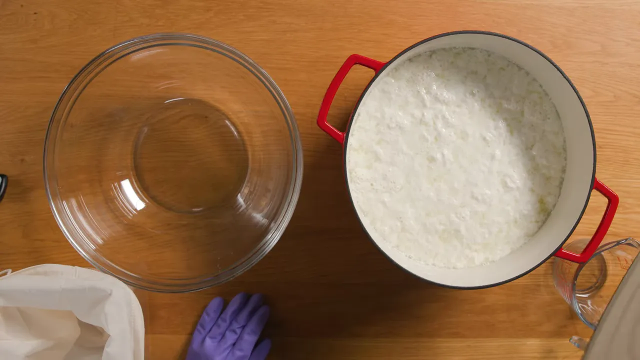 Overhead view of curds in a red pot next to a large glass bowl, purple gloves, and measuring cup—ready for straining.