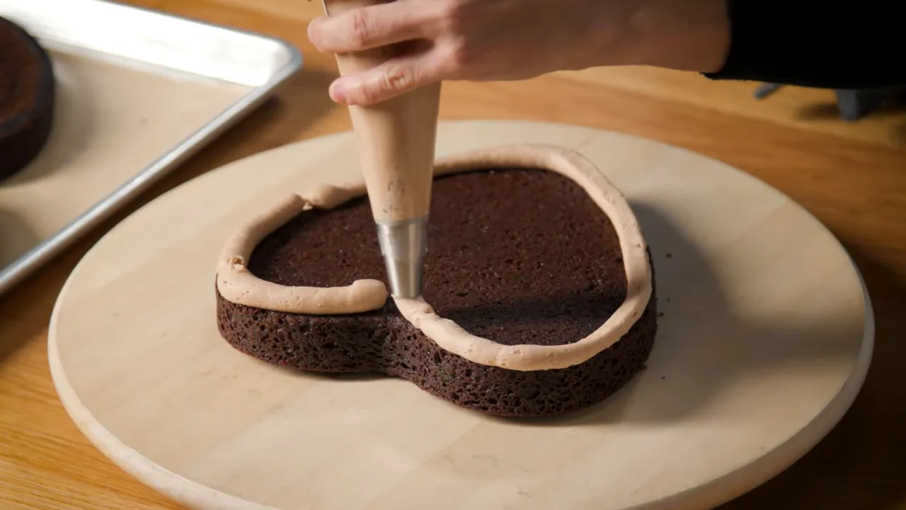 close shot of a piping bag piping a continuous mocha buttercream dam around a heart-shaped chocolate cake layer